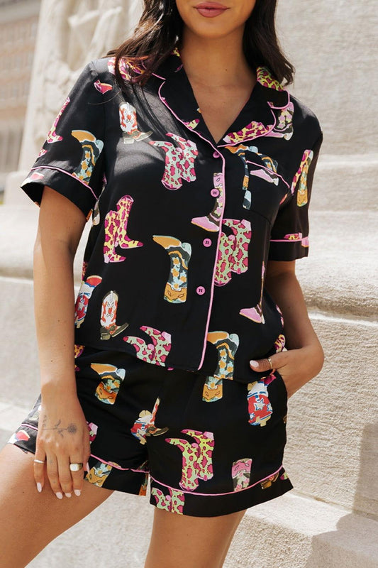 Printed Button Up Short Sleeve Top and Shorts Lounge Set - Clothes For Her Online Store