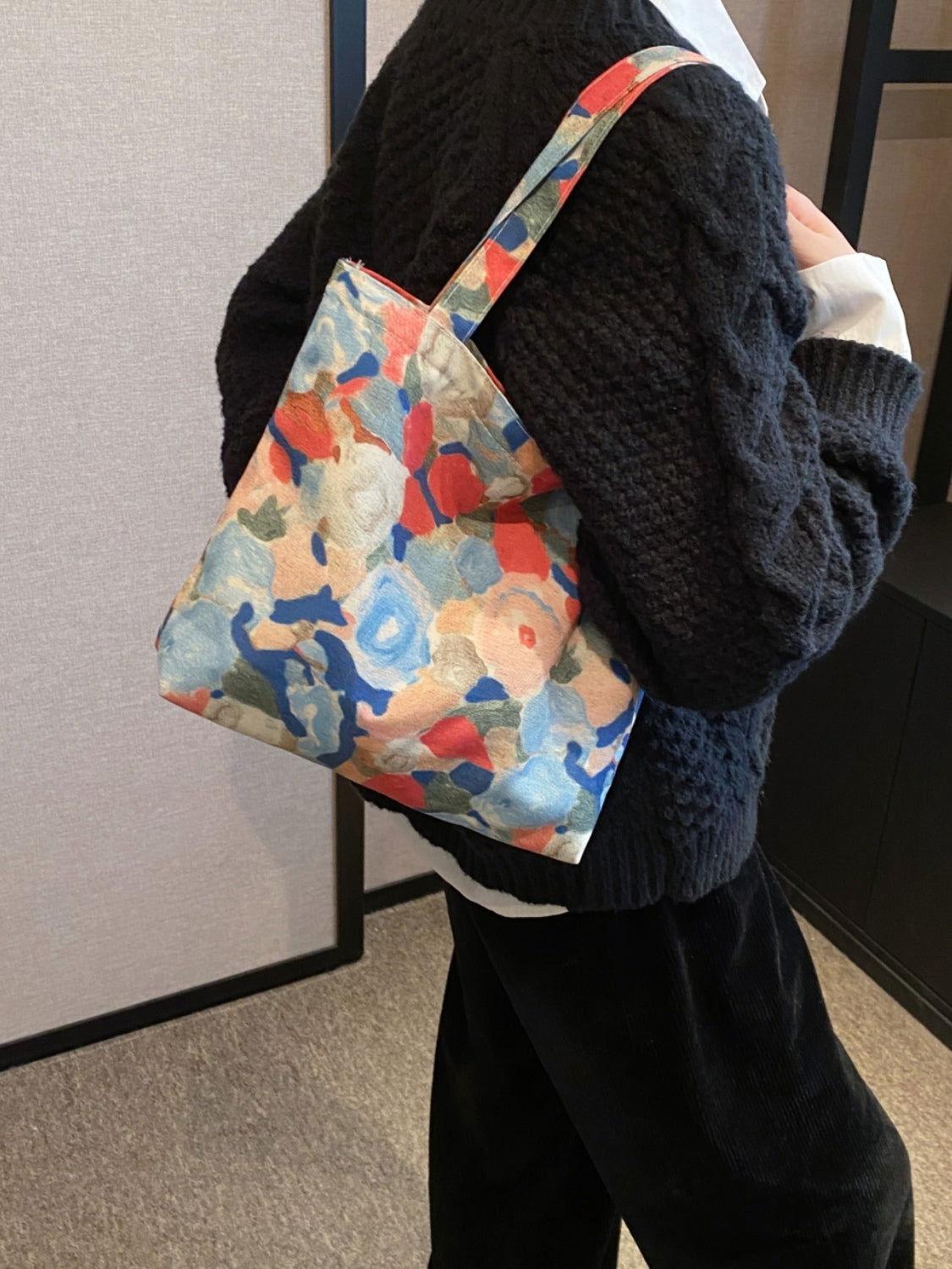 Printed Canvas Handbag with Zipper - Clothes For Her Online Store