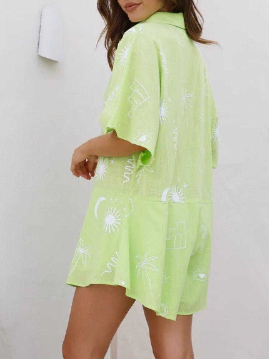 Printed Collared Neck Half Sleeve Romper - Clothes For Her Online Store
