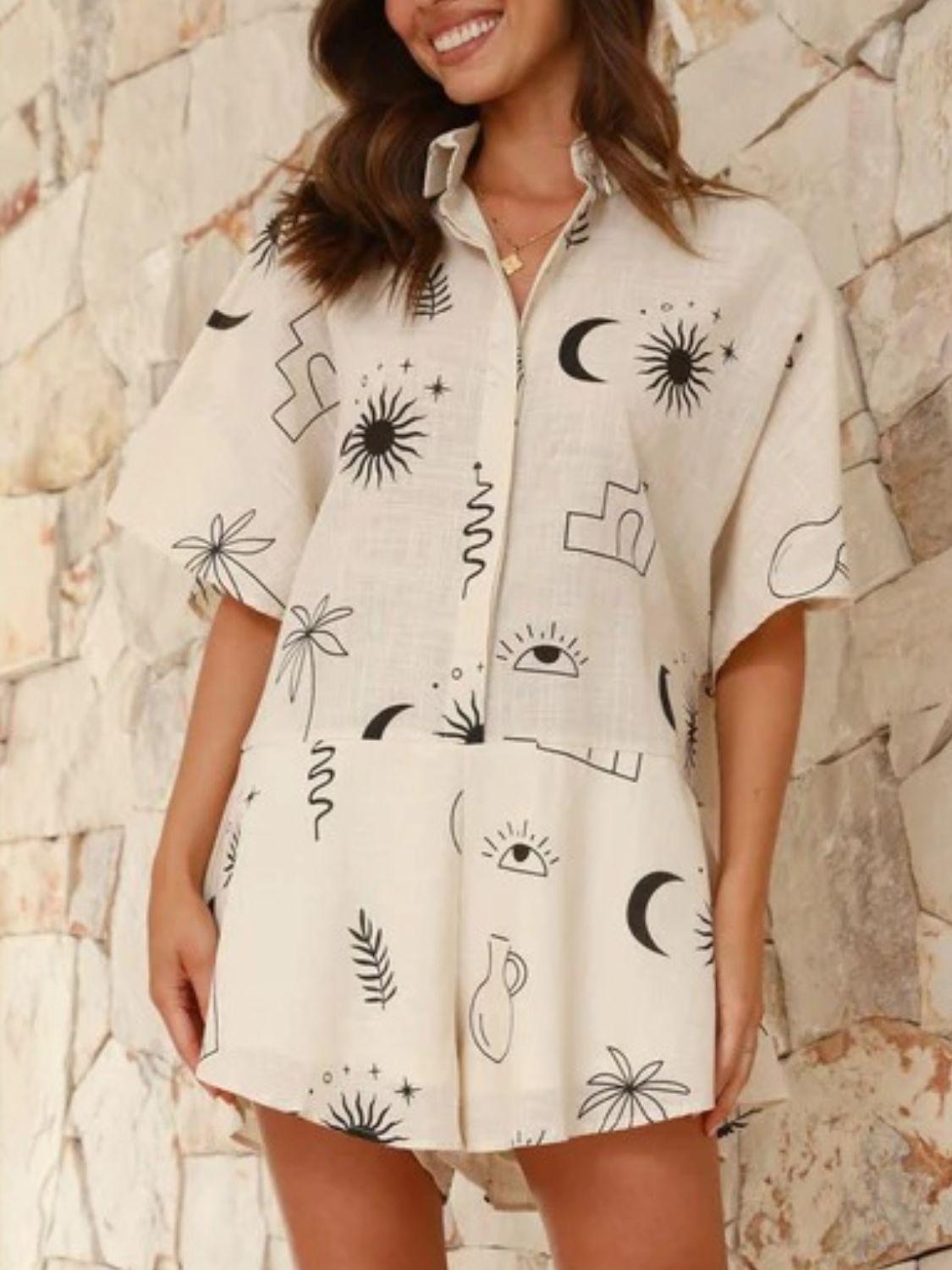 Printed Collared Neck Half Sleeve Romper - Clothes For Her Online Store
