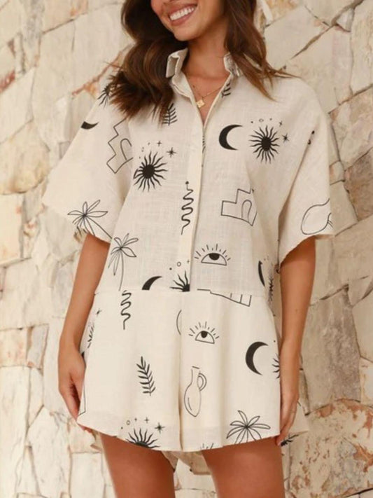 Printed Collared Neck Half Sleeve Romper - Clothes For Her Online Store