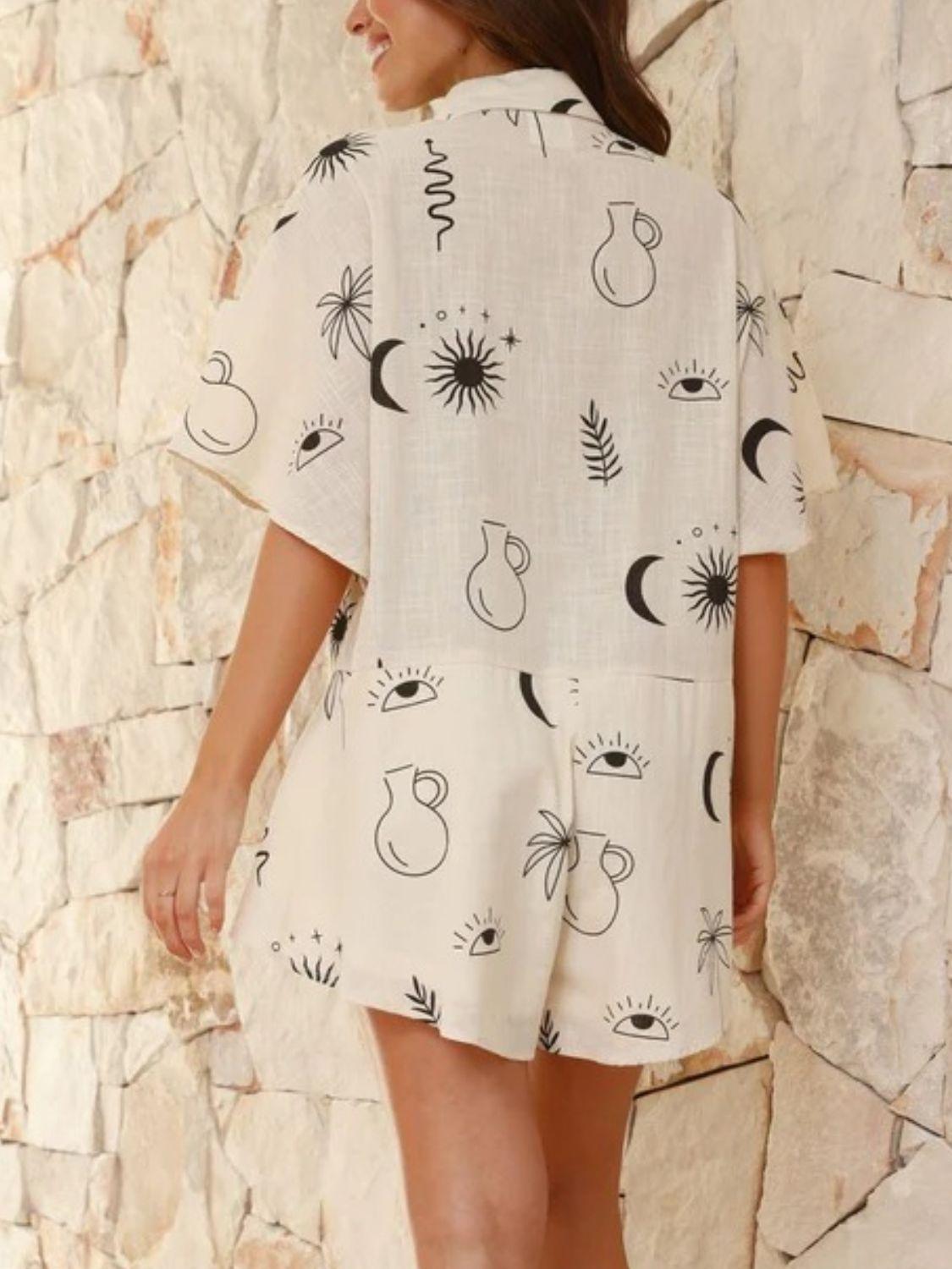 Printed Collared Neck Half Sleeve Romper - Clothes For Her Online Store