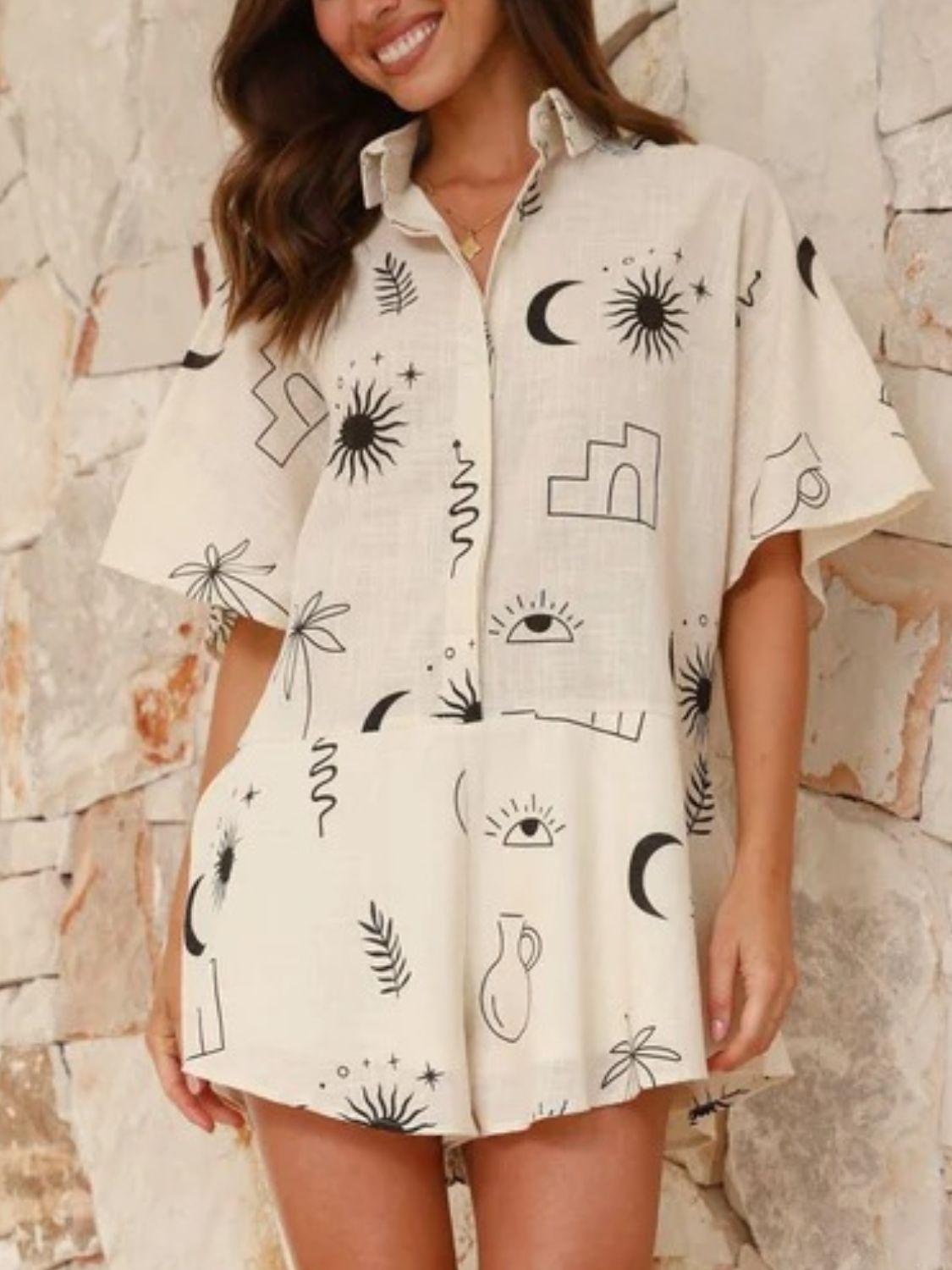 Printed Collared Neck Half Sleeve Romper - Clothes For Her Online Store