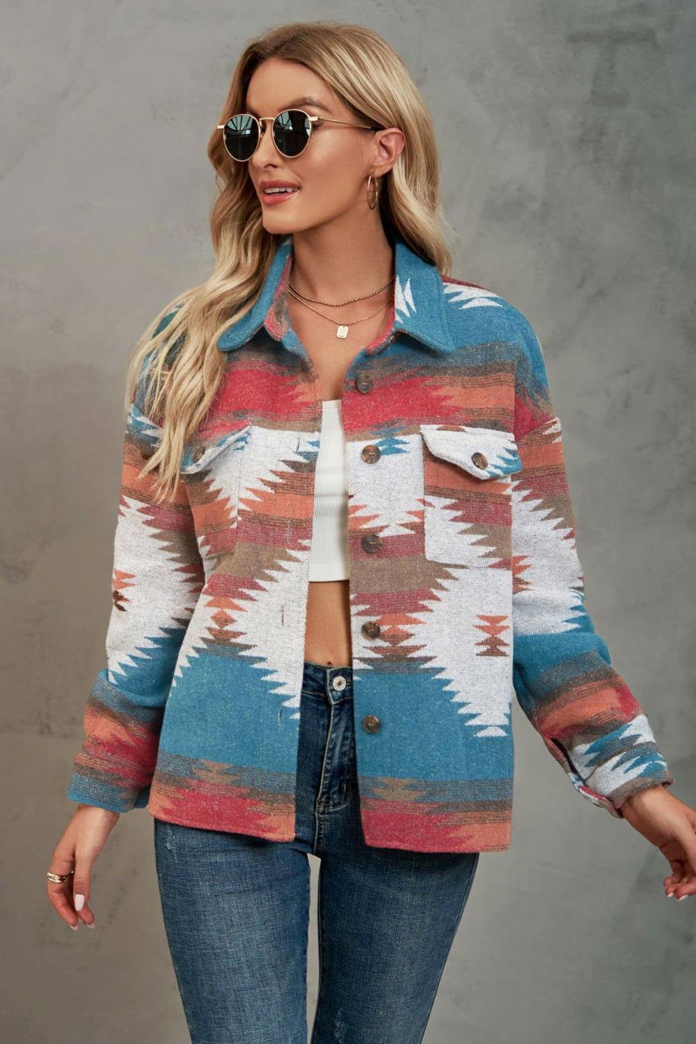 Printed Collared Neck Jacket - Clothes For Her Online Store