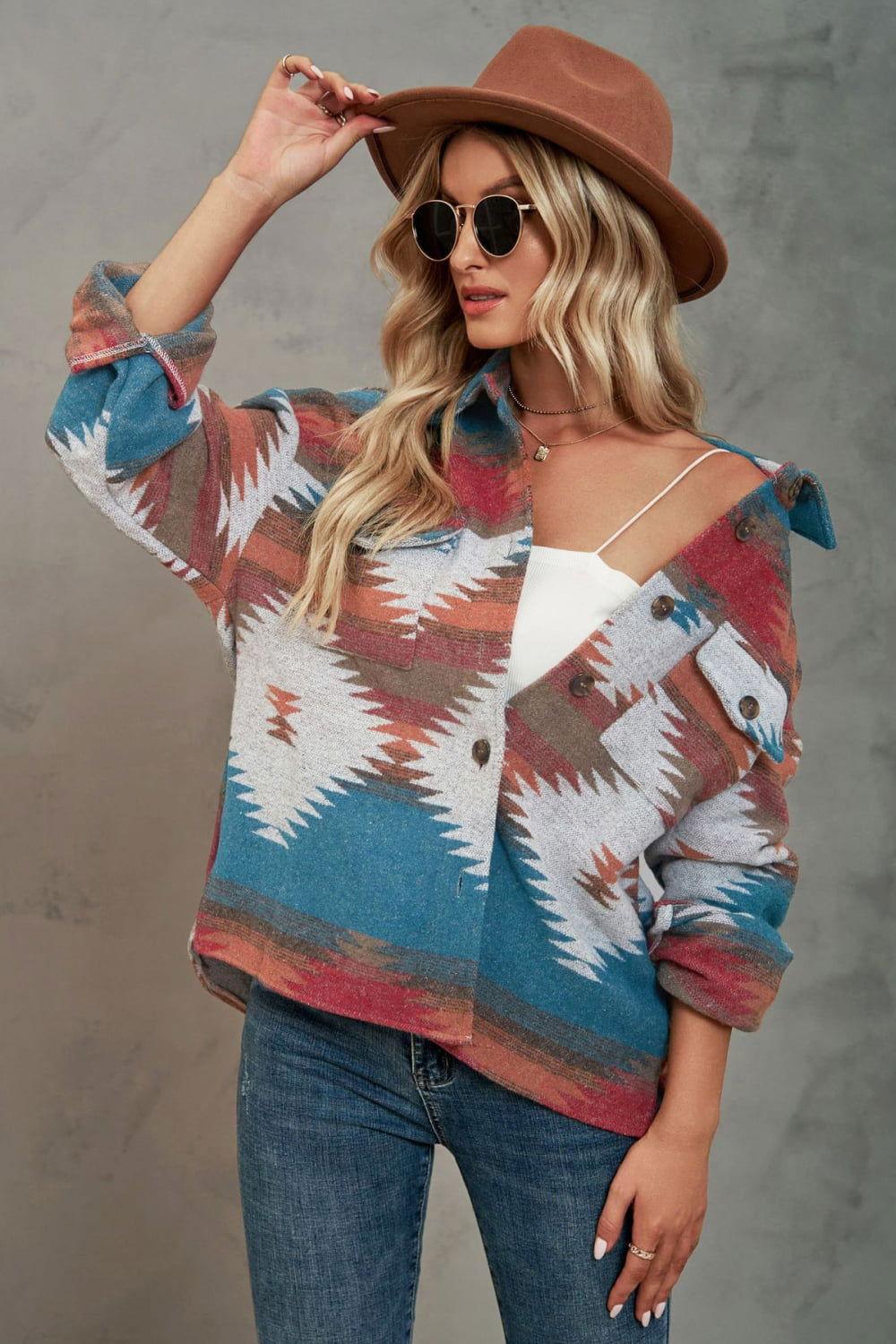Printed Collared Neck Jacket - Clothes For Her Online Store