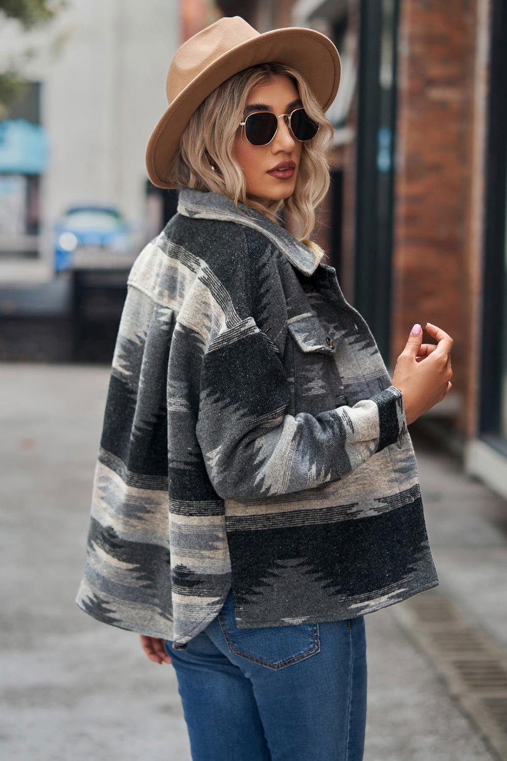 Printed Collared Neck Jacket - Clothes For Her Online Store