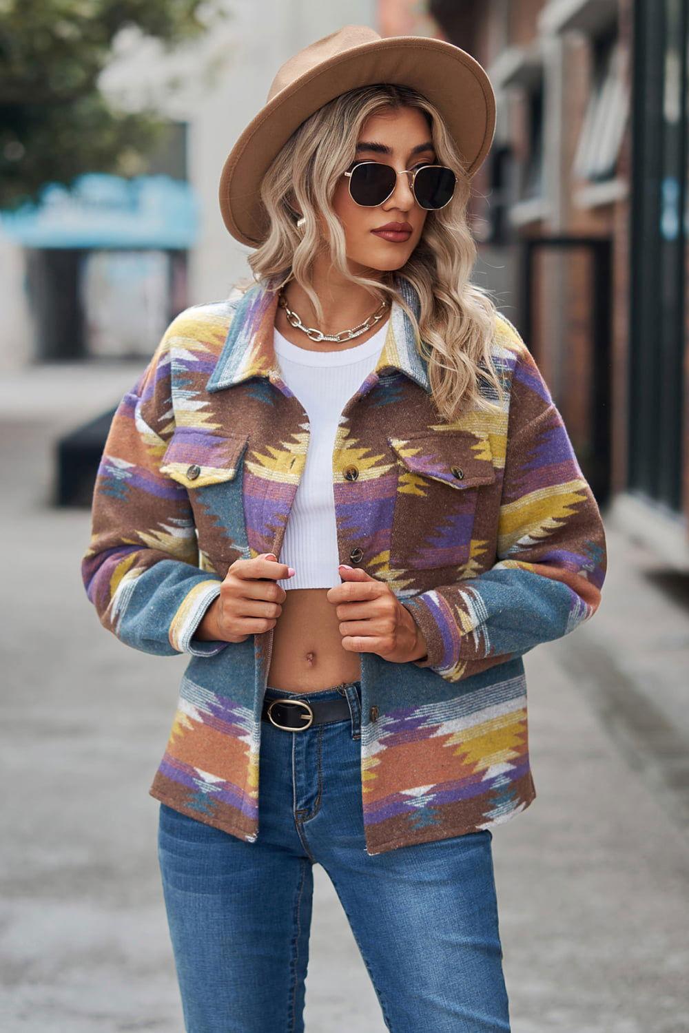 Printed Collared Neck Jacket - Clothes For Her Online Store