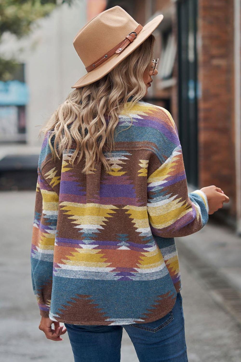Printed Collared Neck Jacket - Clothes For Her Online Store