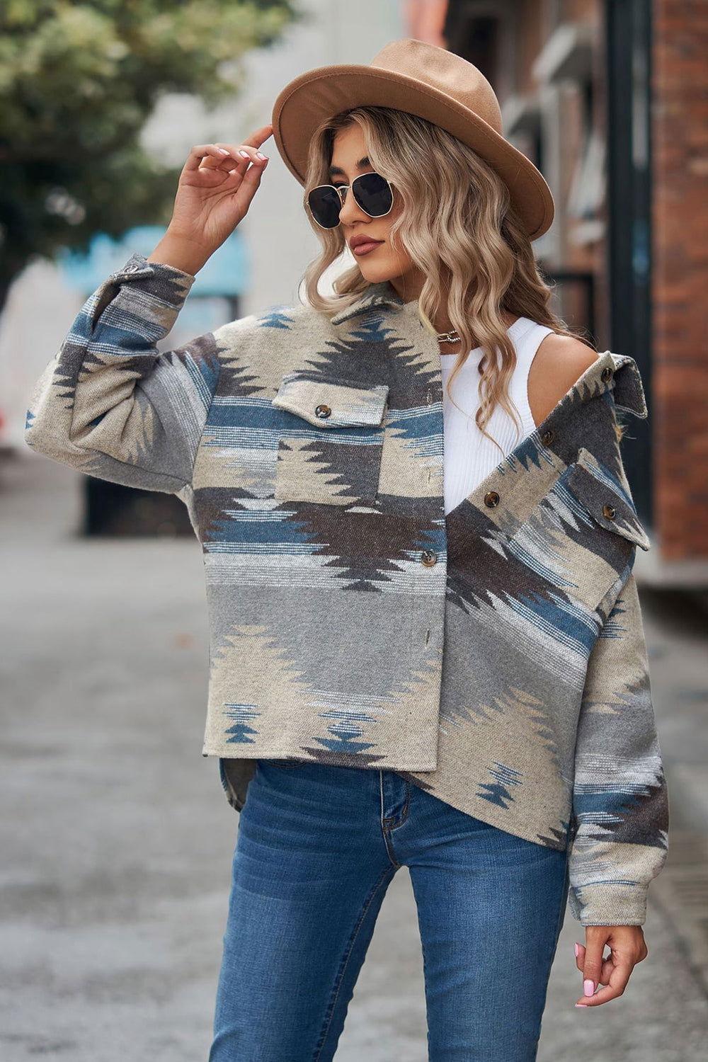 Printed Collared Neck Jacket - Clothes For Her Online Store