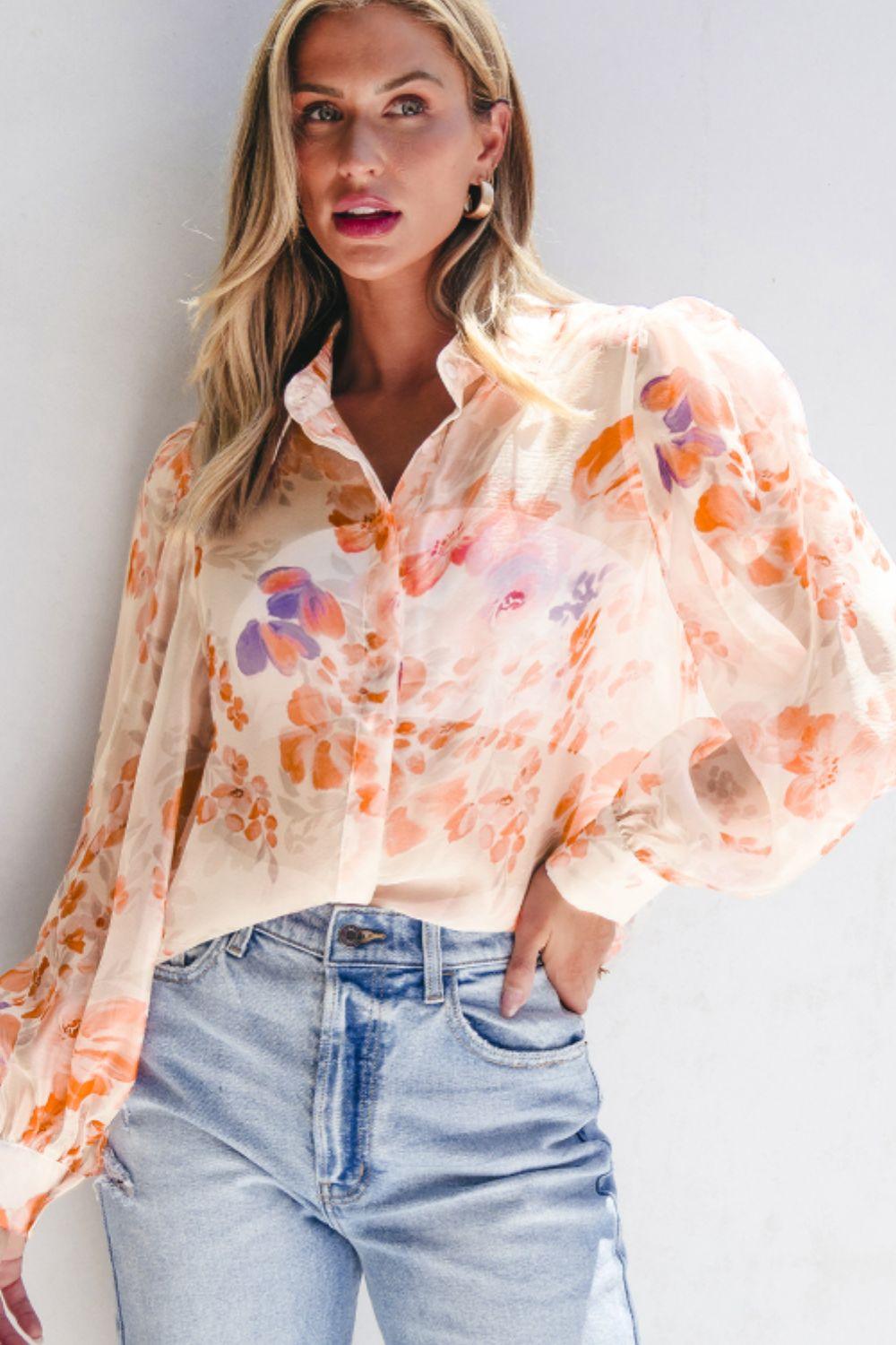 Printed Collared Neck Long Sleeve Shirt - Clothes For Her Online Store