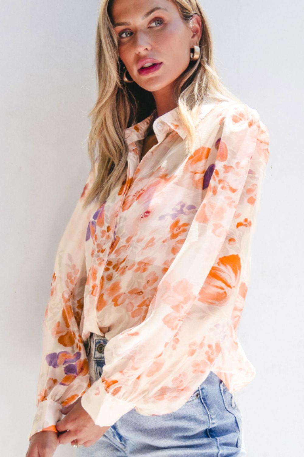 Printed Collared Neck Long Sleeve Shirt - Clothes For Her Online Store