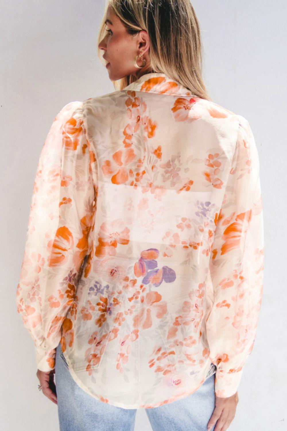 Printed Collared Neck Long Sleeve Shirt - Clothes For Her Online Store