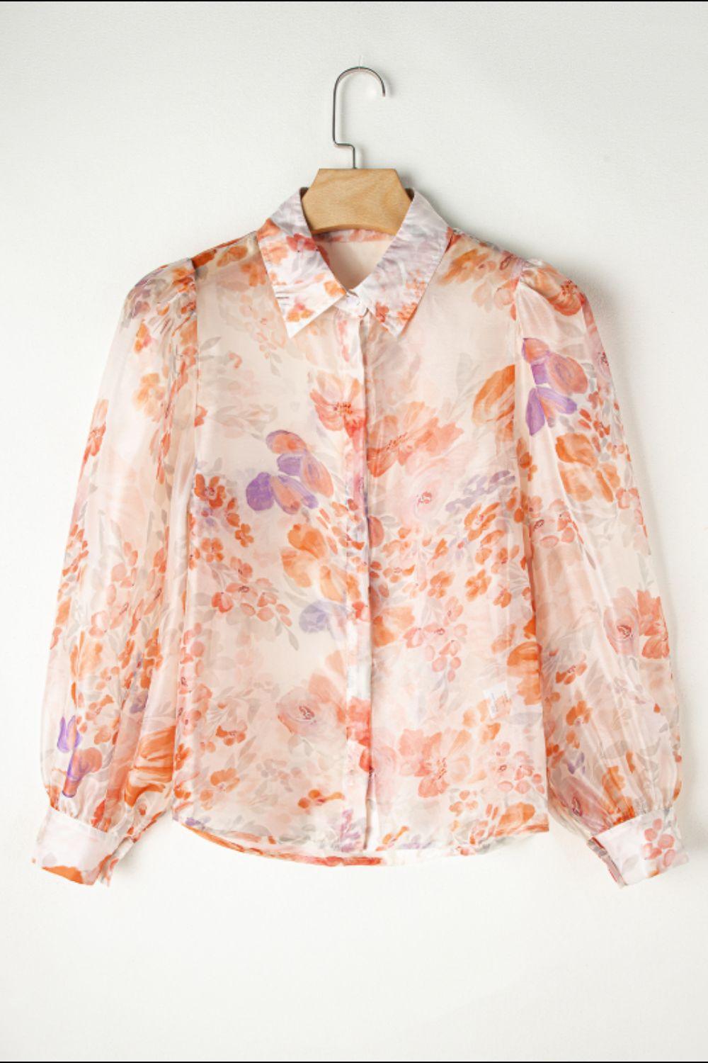 Printed Collared Neck Long Sleeve Shirt - Clothes For Her Online Store