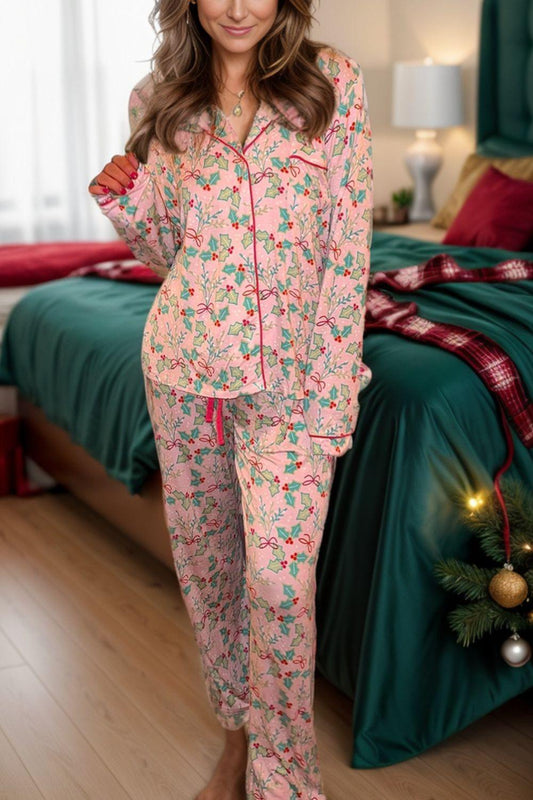 Printed Collared Neck Long Sleeve Top and Pants Lounge Set - Clothes For Her Online Store