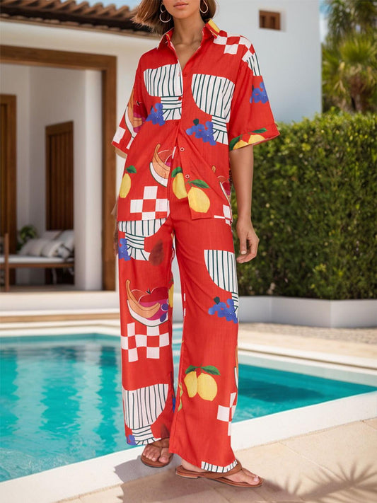 Printed Dropped Shoulder Top and Wide Leg Pants Set - Clothes For Her Online Store