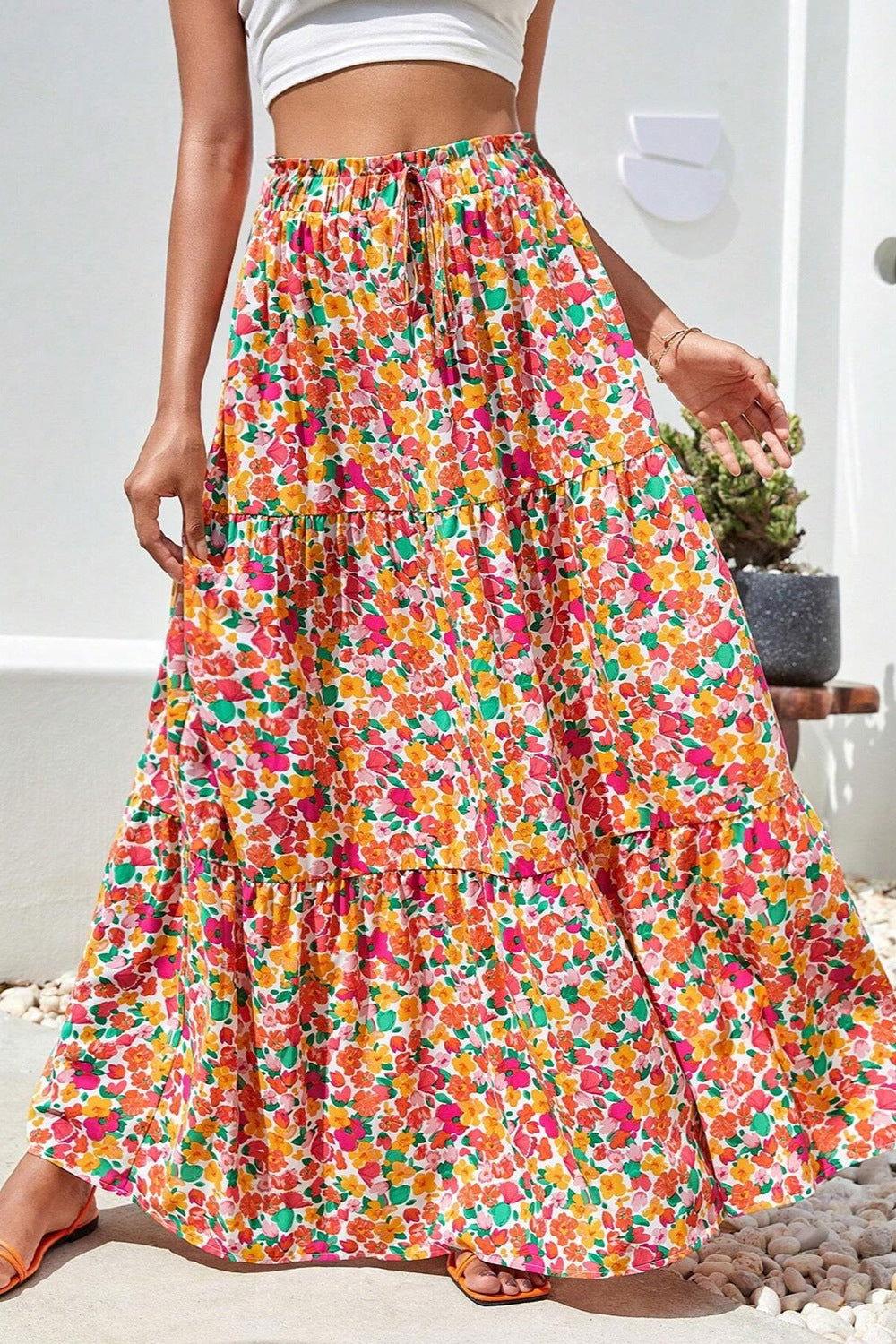 Printed Elastic Waist Maxi Skirt - Clothes For Her Online Store