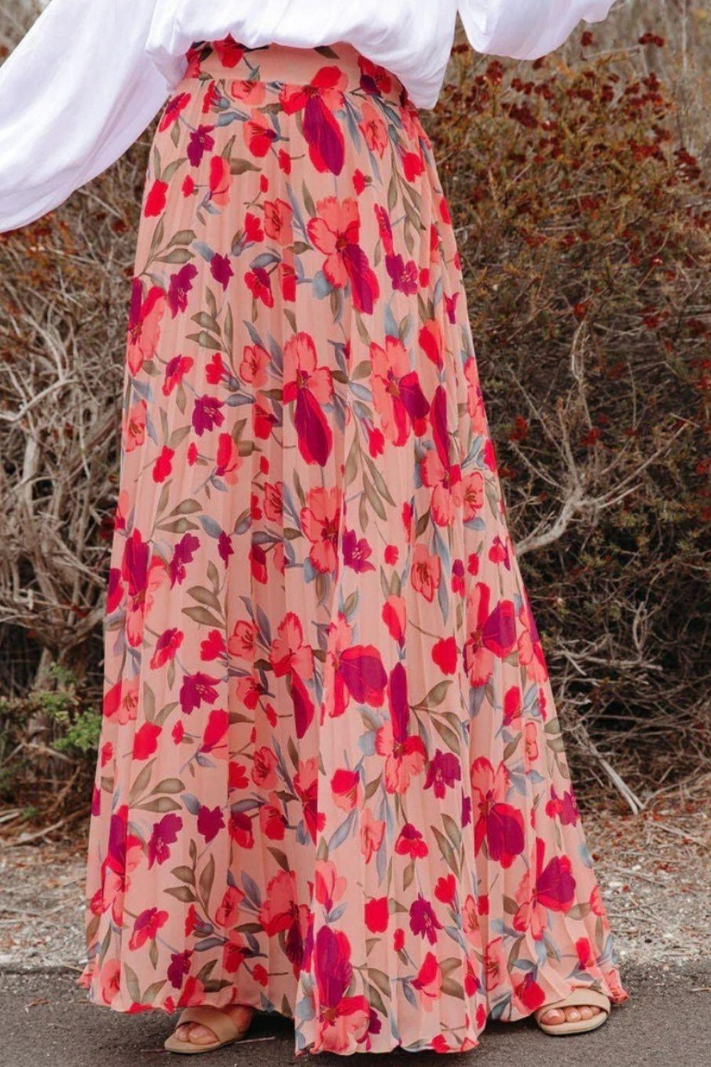Printed Elastic Waist Pleated Maxi Skirt - Clothes For Her Online Store
