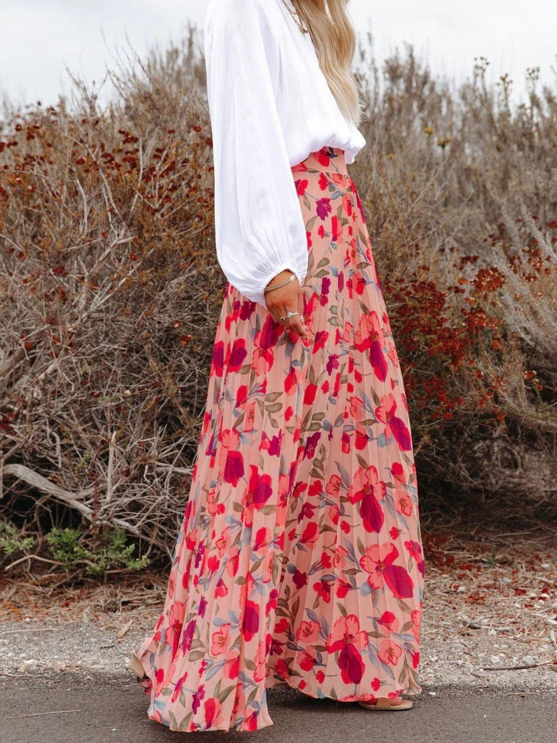 Printed Elastic Waist Pleated Maxi Skirt - Clothes For Her Online Store