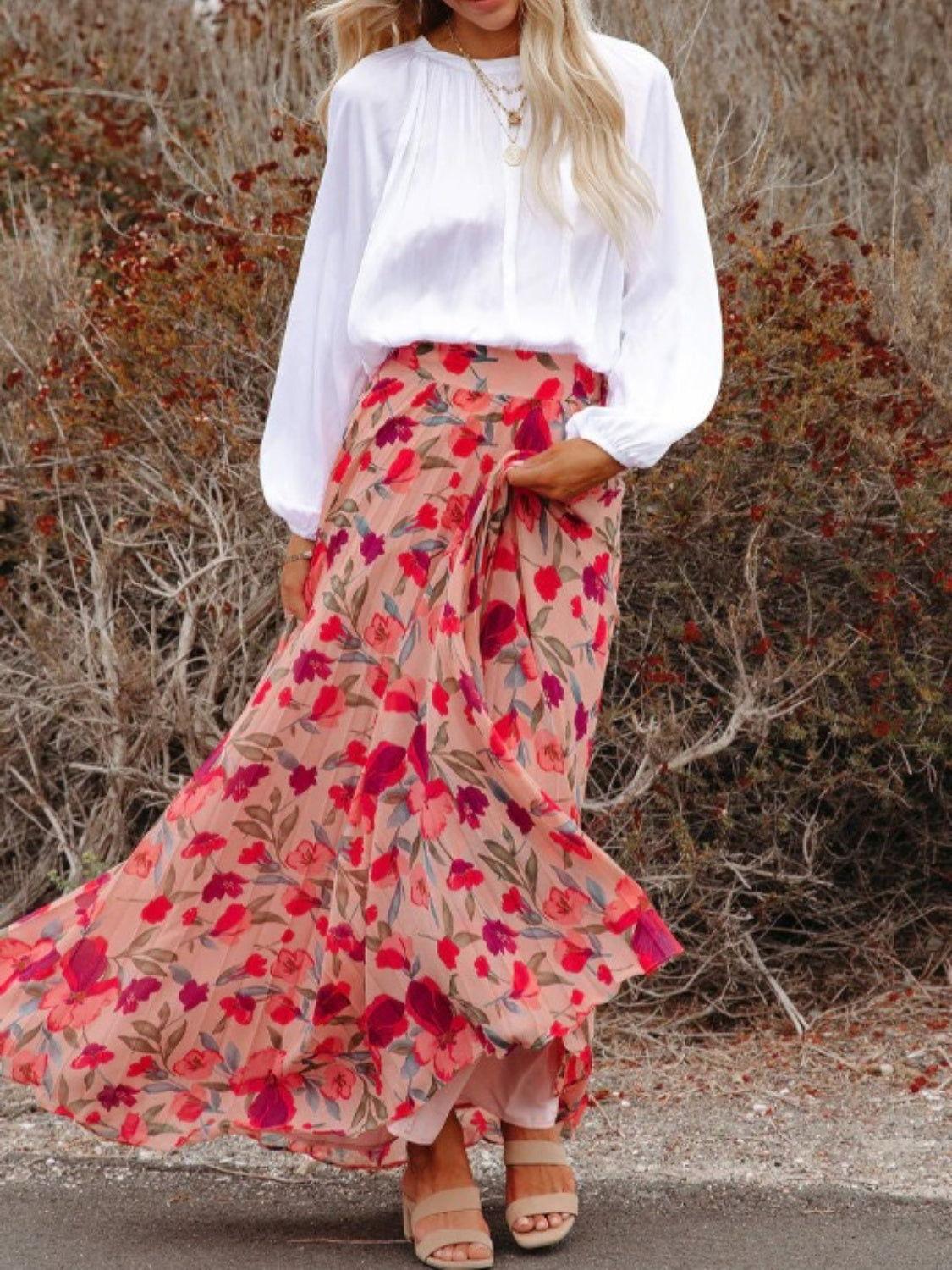 Printed Elastic Waist Pleated Maxi Skirt - Clothes For Her Online Store