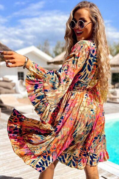 Printed Flare Sleeve Ruffled Hem Dress - Clothes For Her Online Store