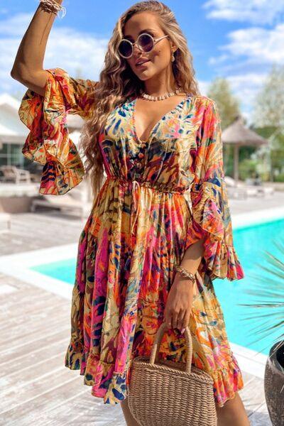 Printed Flare Sleeve Ruffled Hem Dress - Clothes For Her Online Store