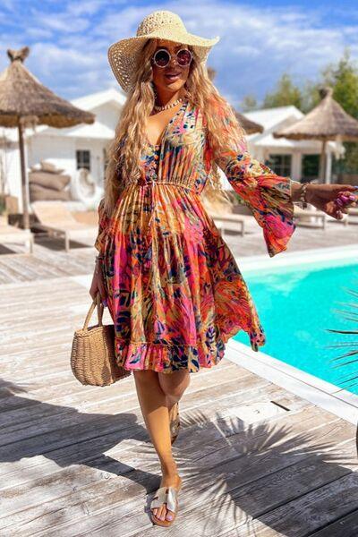 Printed Flare Sleeve Ruffled Hem Dress - Clothes For Her Online Store