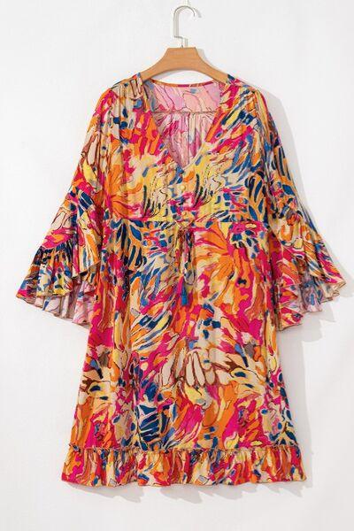 Printed Flare Sleeve Ruffled Hem Dress - Clothes For Her Online Store