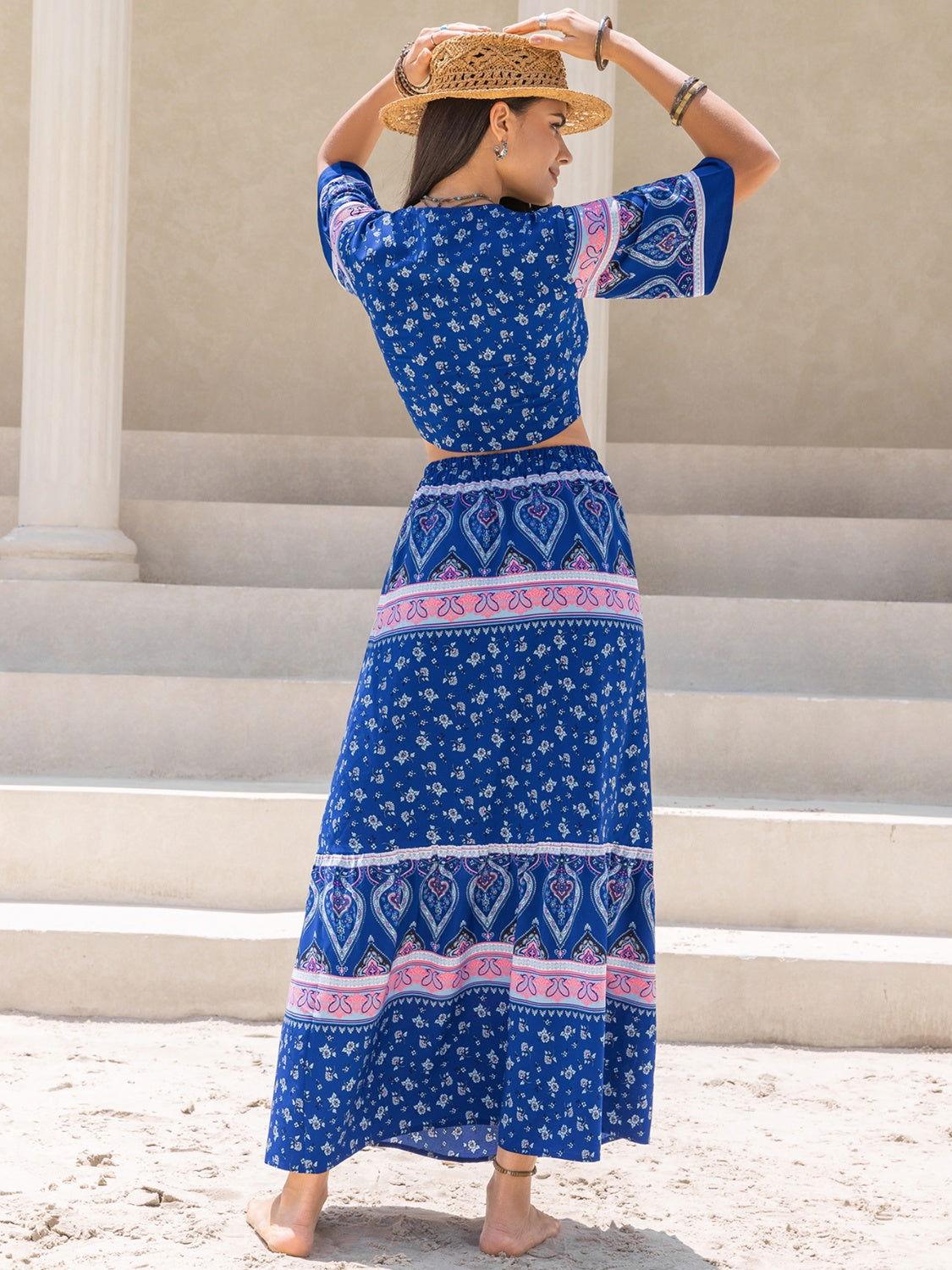 Printed Flutter Sleeve Top and Skirt Set - Clothes For Her Online Store