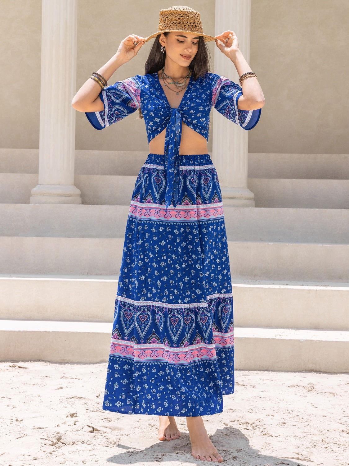 Printed Flutter Sleeve Top and Skirt Set - Clothes For Her Online Store