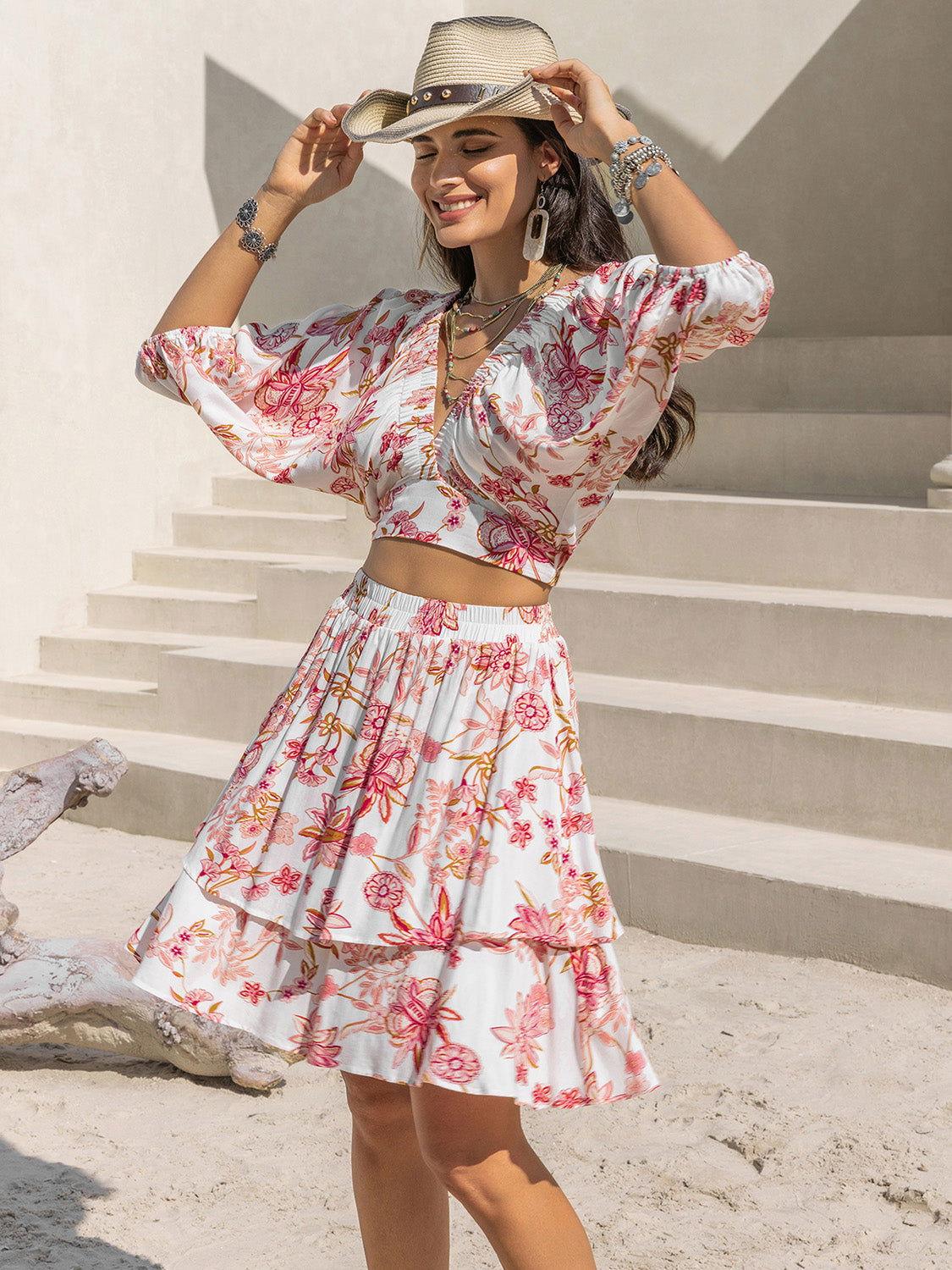 Printed Half Sleeve Top and Layered Skirt Set - Clothes For Her Online Store