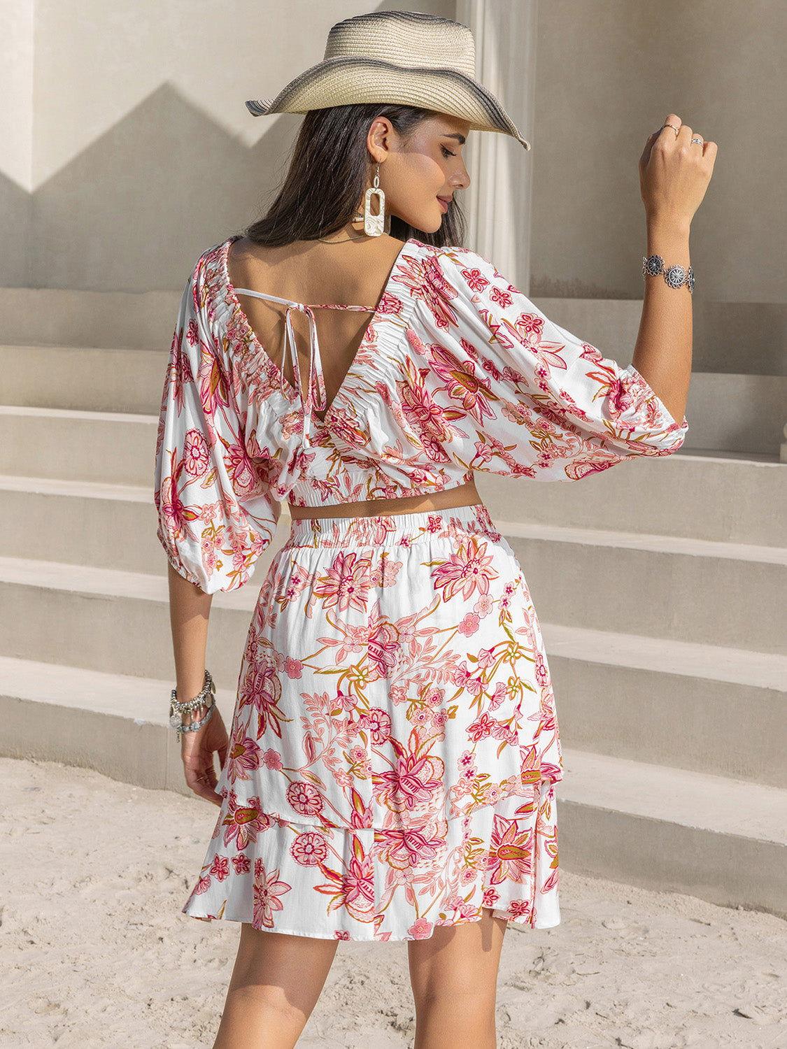 Printed Half Sleeve Top and Layered Skirt Set - Clothes For Her Online Store