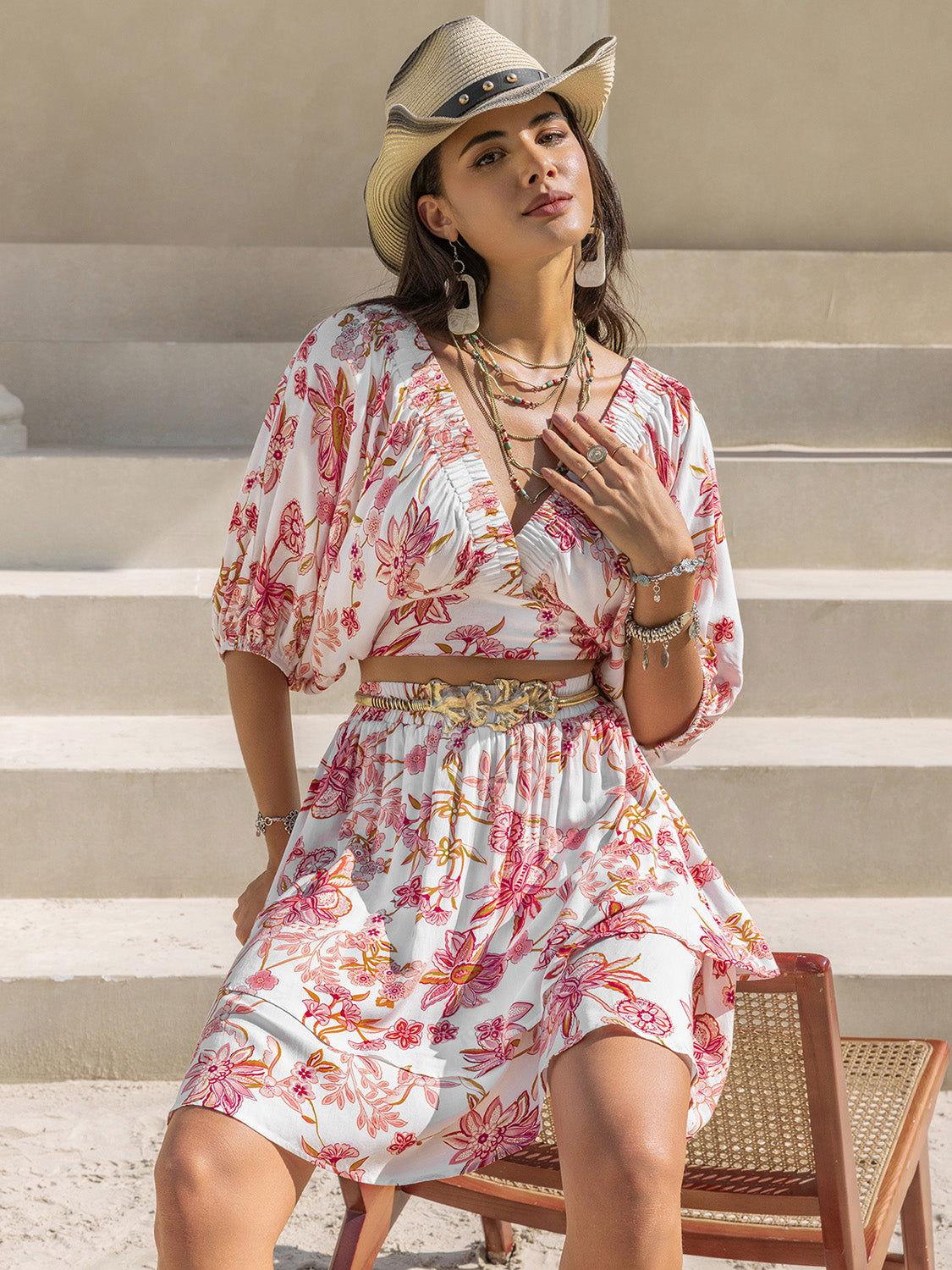 Printed Half Sleeve Top and Layered Skirt Set - Clothes For Her Online Store
