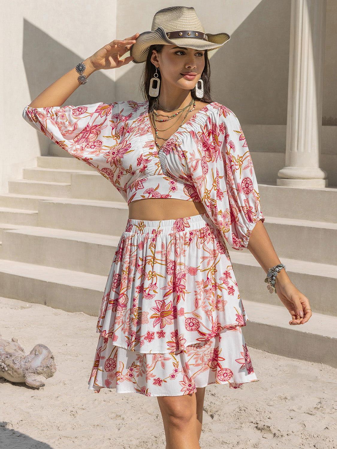 Printed Half Sleeve Top and Layered Skirt Set - Clothes For Her Online Store