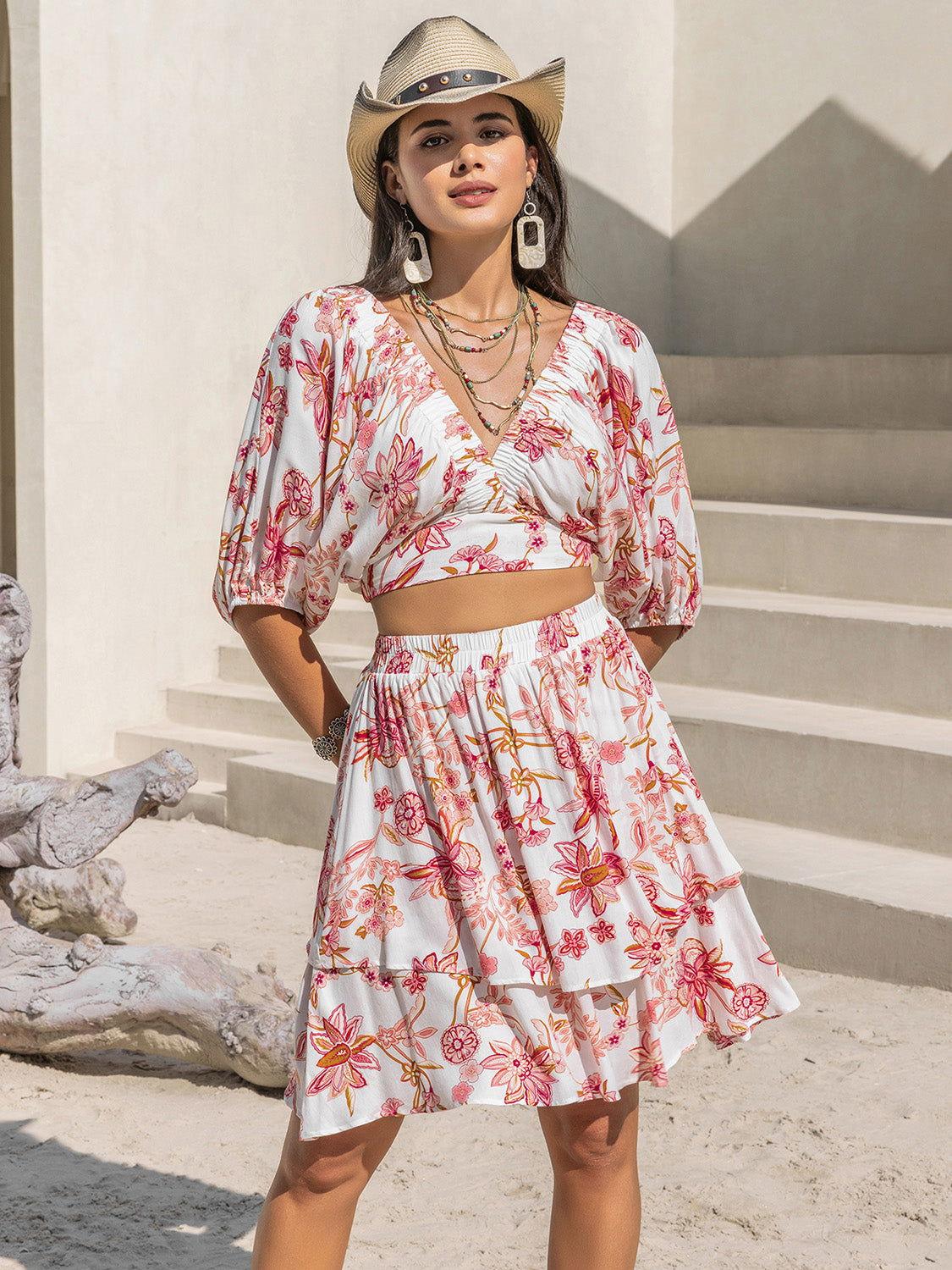 Printed Half Sleeve Top and Layered Skirt Set - Clothes For Her Online Store