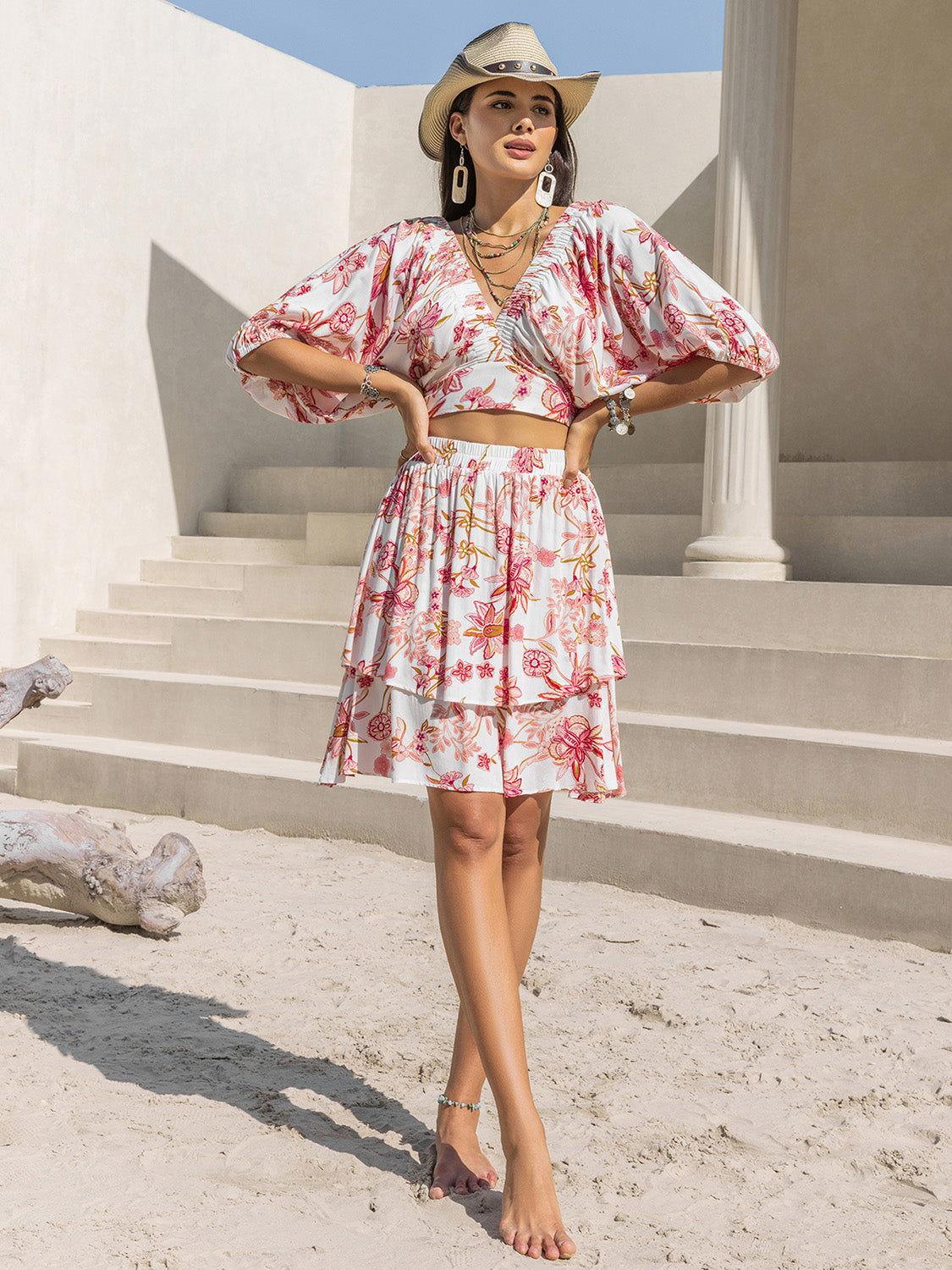 Printed Half Sleeve Top and Layered Skirt Set - Clothes For Her Online Store