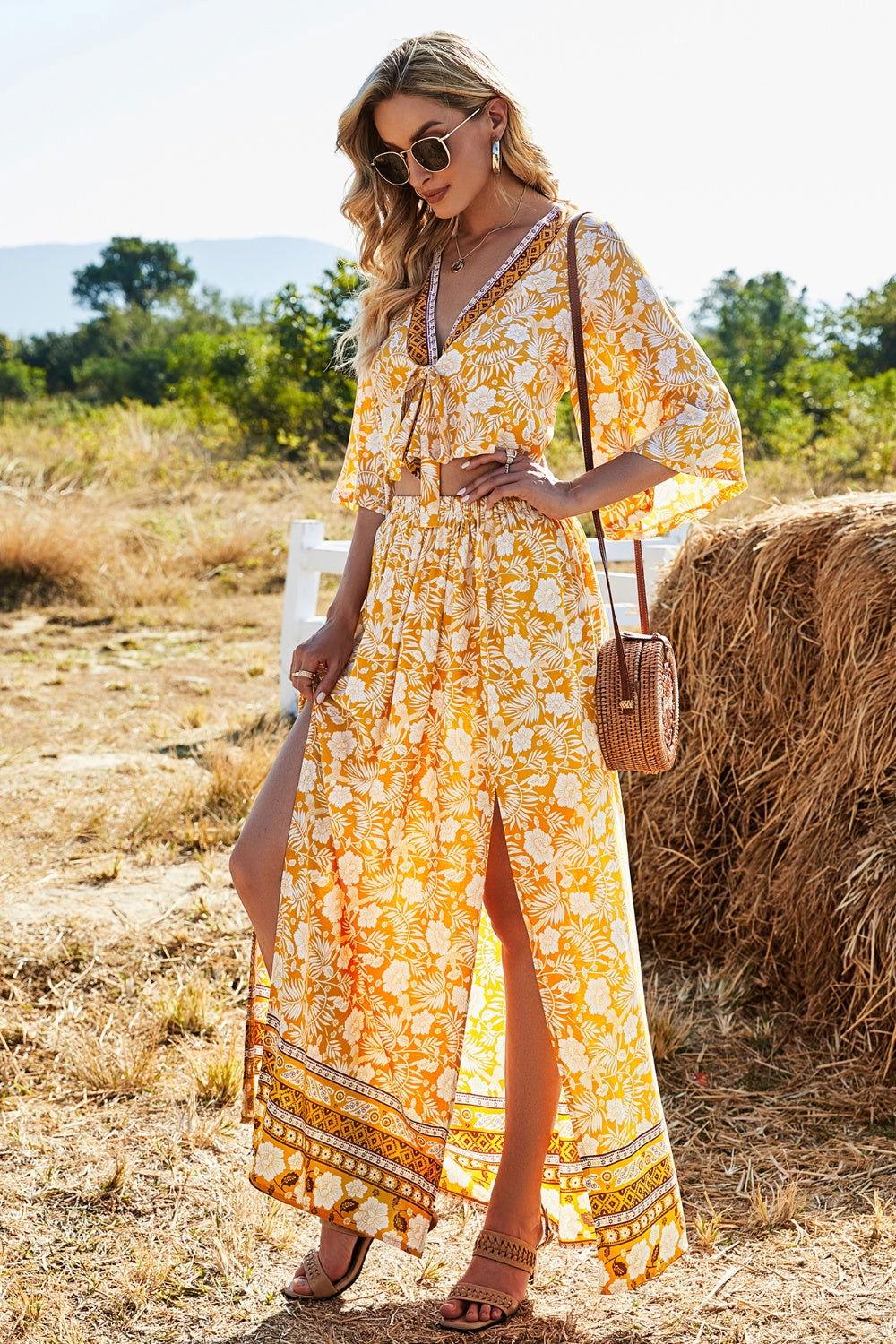 Printed Half Sleeve Top and Slit Skirt Set - Clothes For Her Online Store