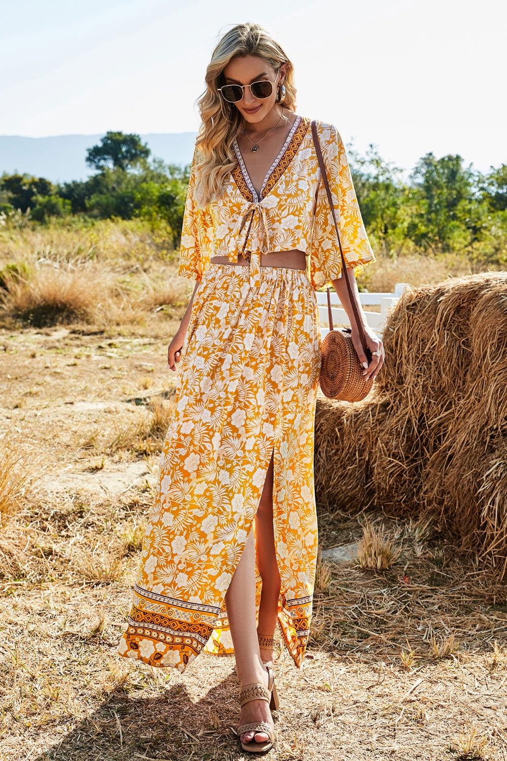 Printed Half Sleeve Top and Slit Skirt Set - Clothes For Her Online Store