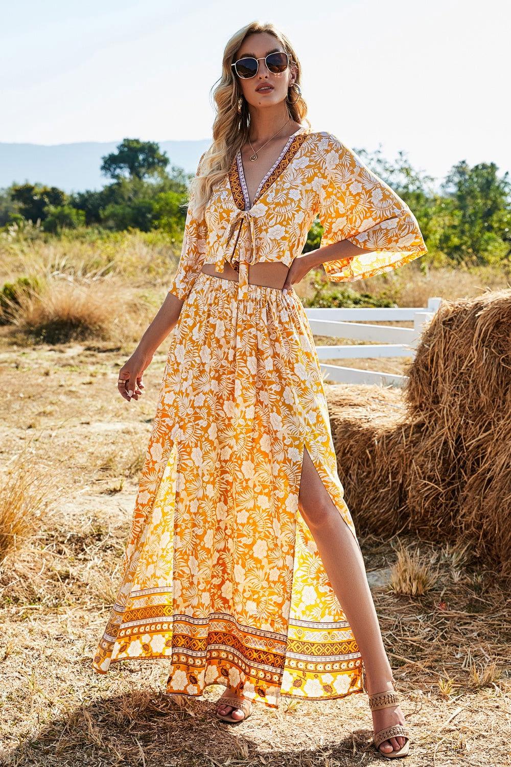 Printed Half Sleeve Top and Slit Skirt Set - Clothes For Her Online Store