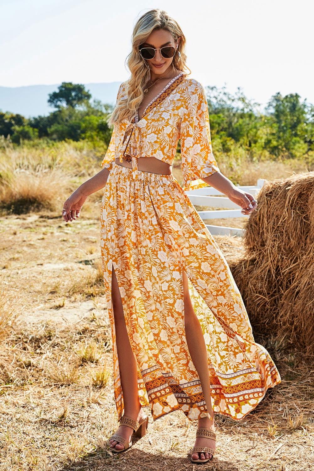 Printed Half Sleeve Top and Slit Skirt Set - Clothes For Her Online Store