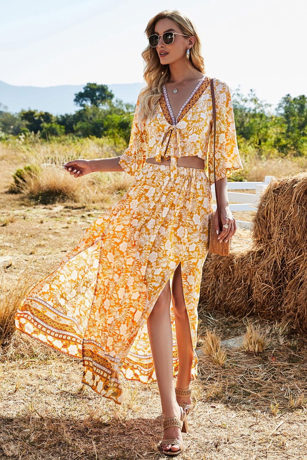 Printed Half Sleeve Top and Slit Skirt Set - Clothes For Her Online Store