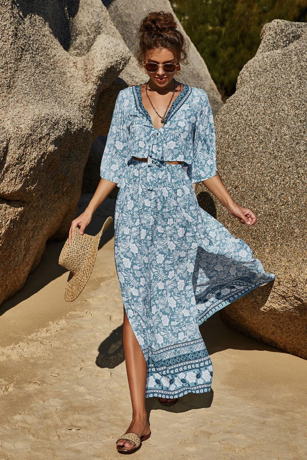 Printed Half Sleeve Top and Slit Skirt Set - Clothes For Her Online Store