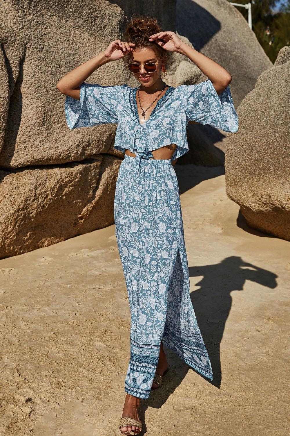 Printed Half Sleeve Top and Slit Skirt Set - Clothes For Her Online Store