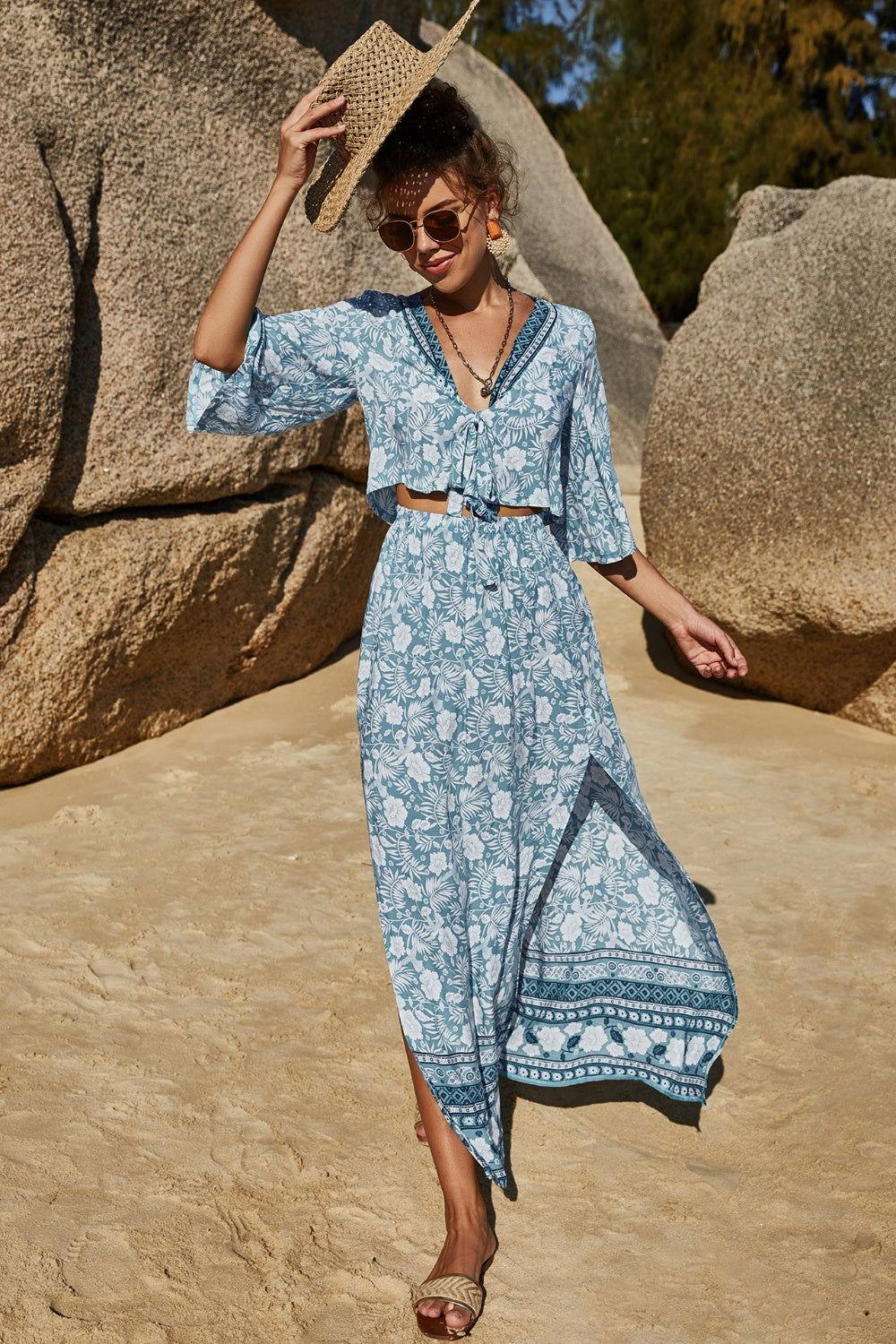 Printed Half Sleeve Top and Slit Skirt Set - Clothes For Her Online Store