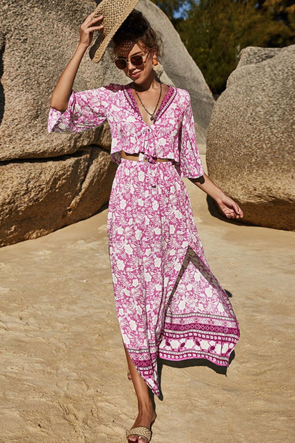 Printed Half Sleeve Top and Slit Skirt Set - Clothes For Her Online Store