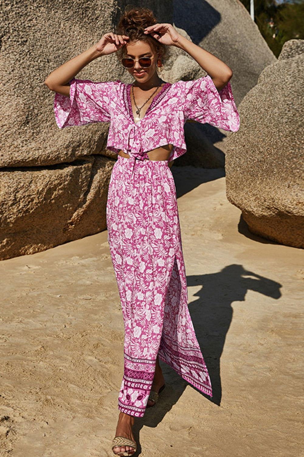 Printed Half Sleeve Top and Slit Skirt Set - Clothes For Her Online Store