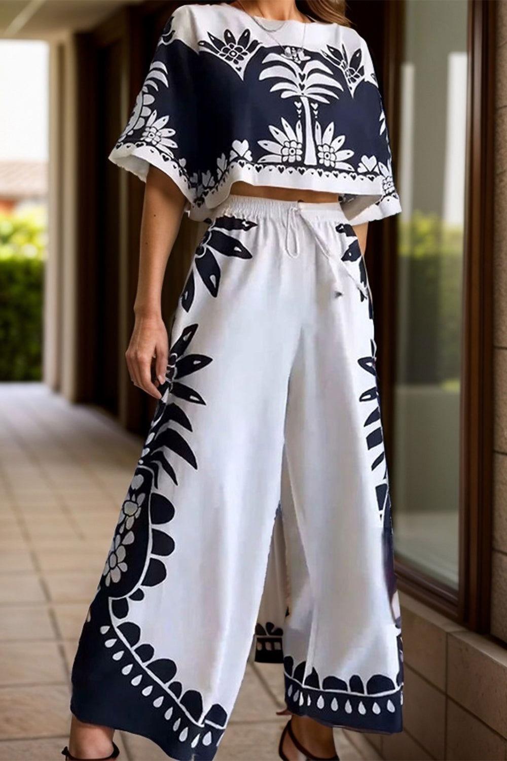 Printed Half Sleeve Top and Wide Leg Pants Set - Clothes For Her Online Store