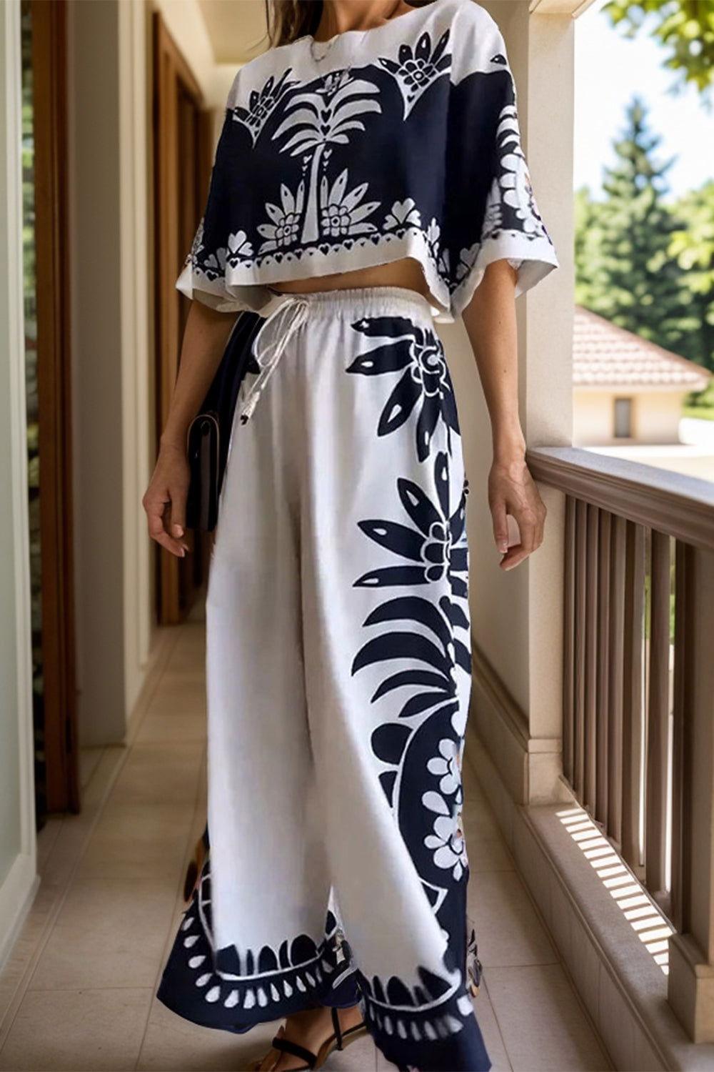 Printed Half Sleeve Top and Wide Leg Pants Set - Clothes For Her Online Store