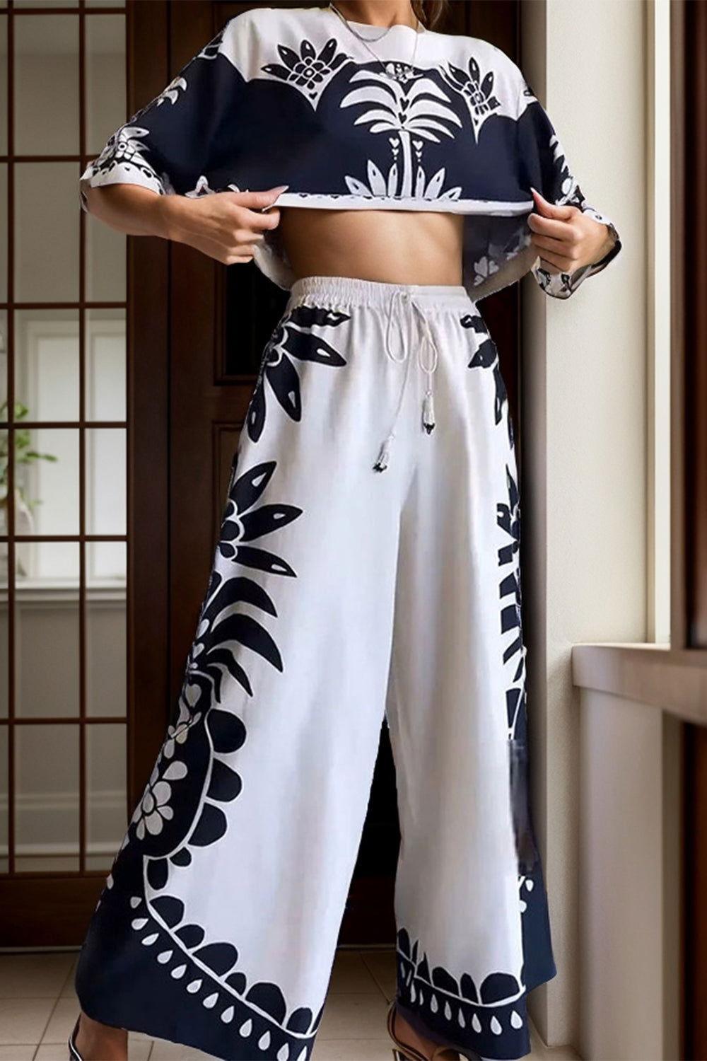 Printed Half Sleeve Top and Wide Leg Pants Set - Clothes For Her Online Store