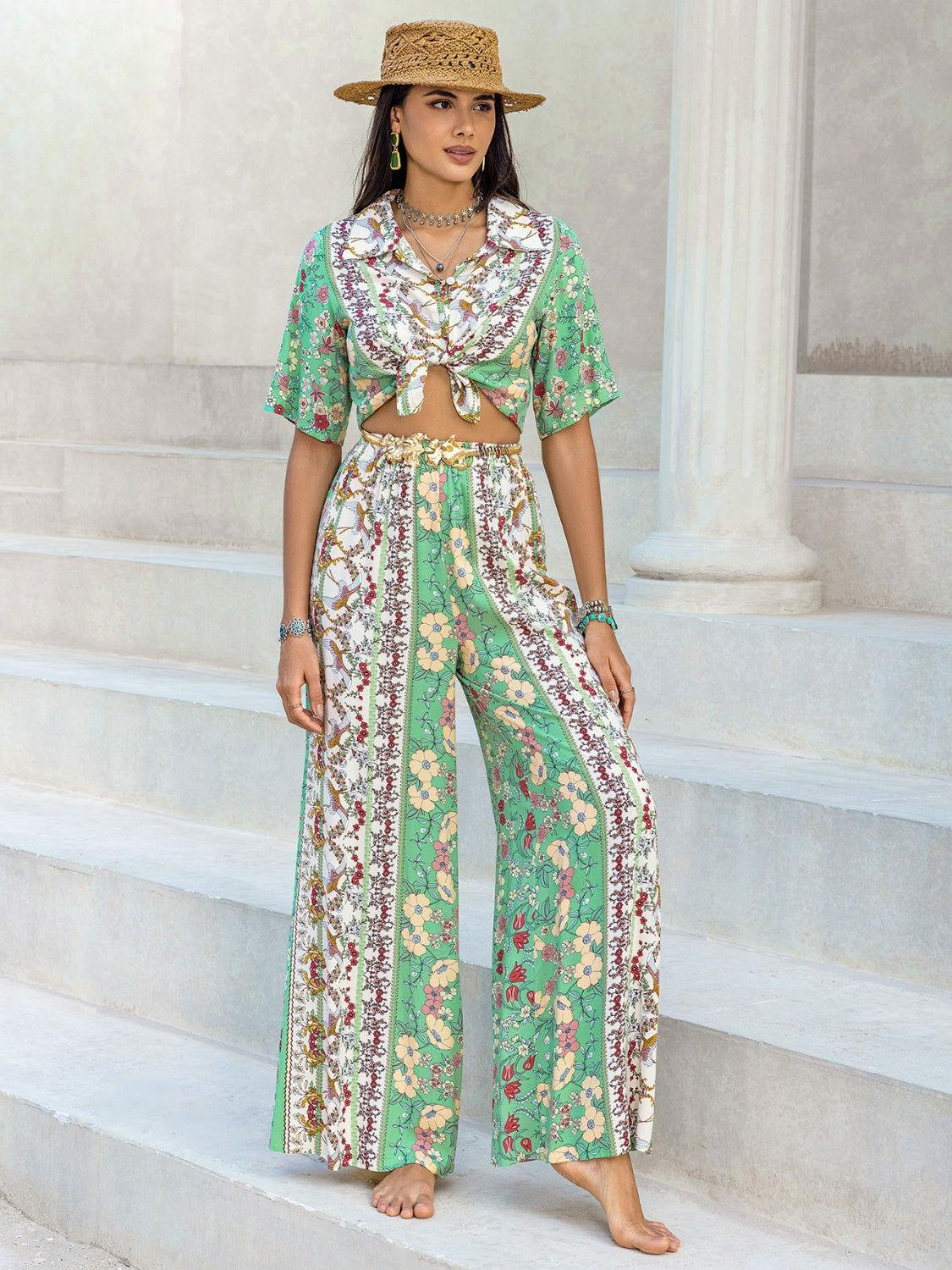 Printed Half Sleeve Top and Wide Leg Pants Set - Clothes For Her Online Store