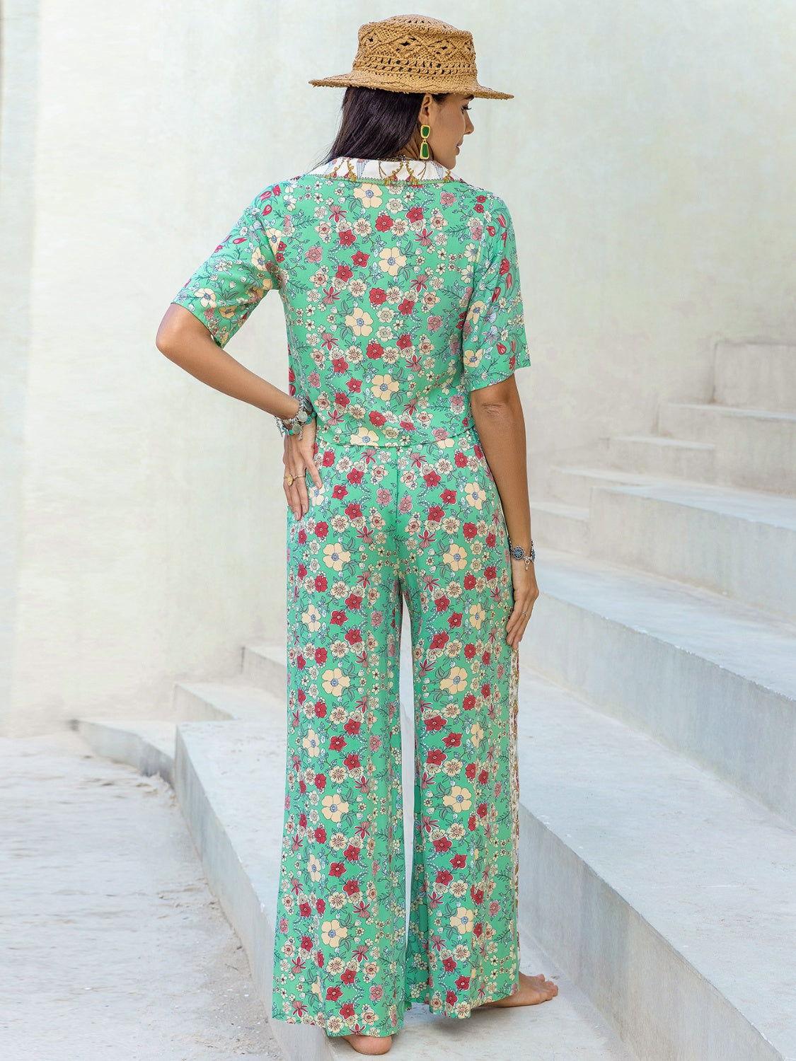 Printed Half Sleeve Top and Wide Leg Pants Set - Clothes For Her Online Store